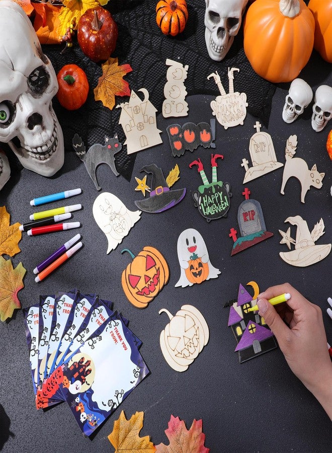 Potchen 24 Pcs Halloween Wooden Painting Crafts Kit Thank You for Coming Gifts for Kid Pumpkin Skull Bat Ghost Blank Unfinished Wooden DIY Crafts Paint Halloween Party - Image 3